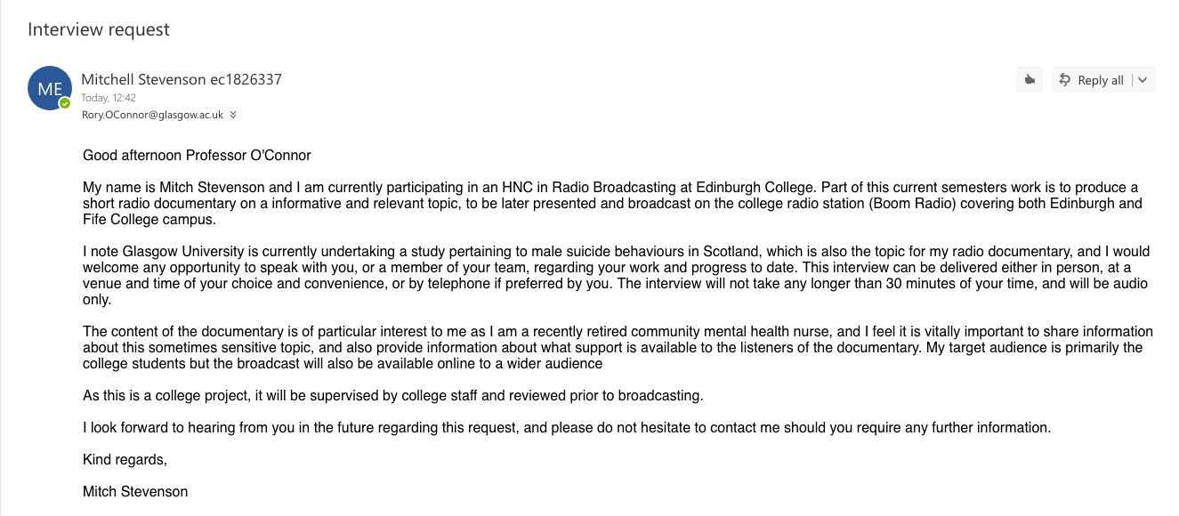 RESEARCH EVIDENCE - PROF O'CONNOR EMAIL