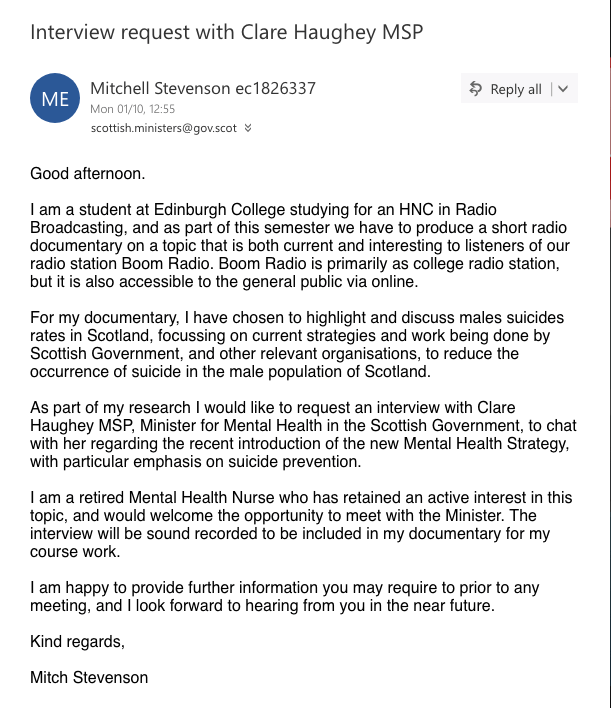 RESEARCH EVIDENCE - SCREEN SHOT OF EMAIL TO CLARE HAUGHEY EMAIL